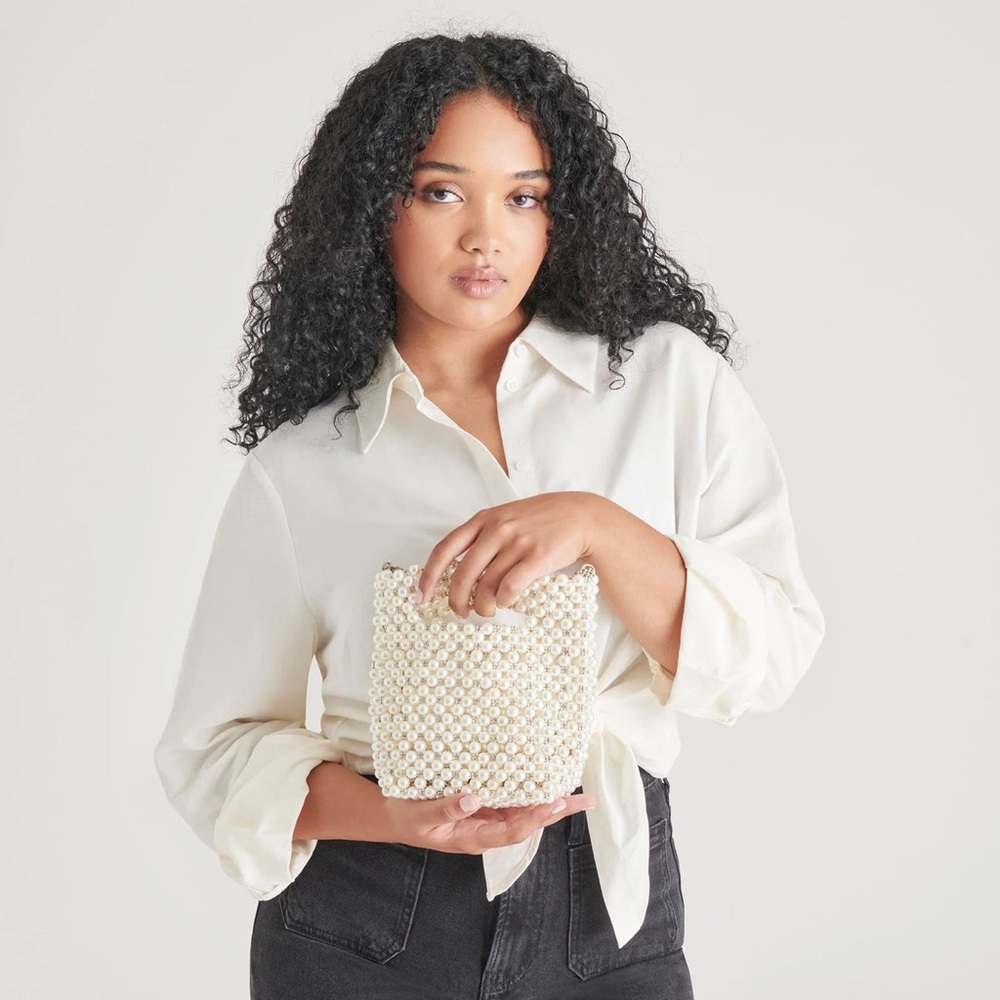Dolce Vita Pearl Beaded Crossbody Bag in Ivory with Silver Chain - Picture 7 of 7